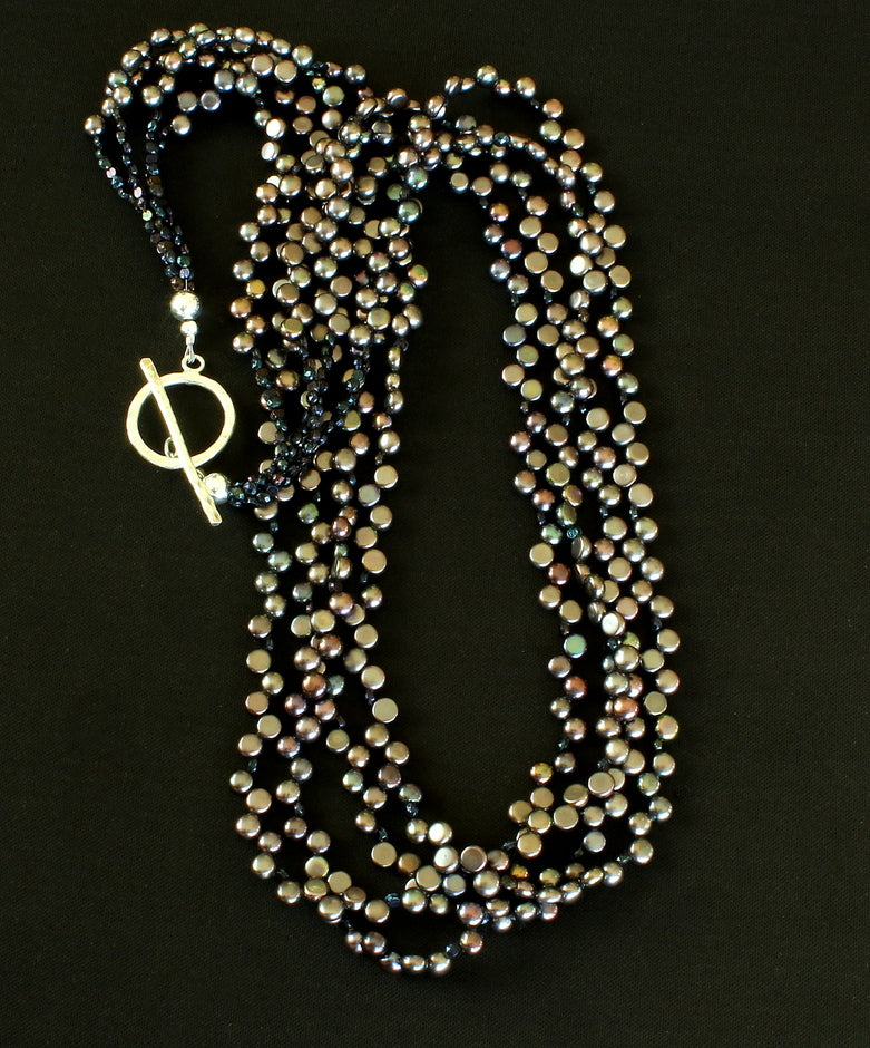 Black Button Pearl 4-Strand Necklace with Czechoslovakian Nailheads and a Sterling Silver Toggle Clasp