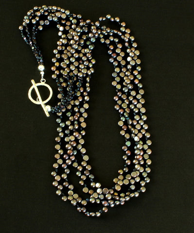 Black Button Pearl 4-Strand Necklace with Czechoslovakian Nailheads and a Sterling Silver Toggle Clasp