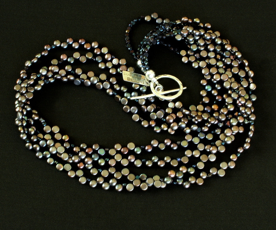 Black Button Pearl 4-Strand Necklace with Czechoslovakian Nailheads and a Sterling Silver Toggle Clasp