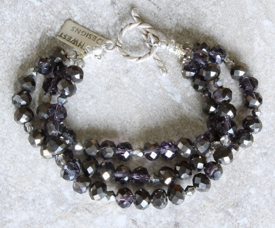 Black Faceted Glass Rondelle Bead 3-Strand Bracelet with Fire Polished Glass and a Sterling Silver Toggle Clasp