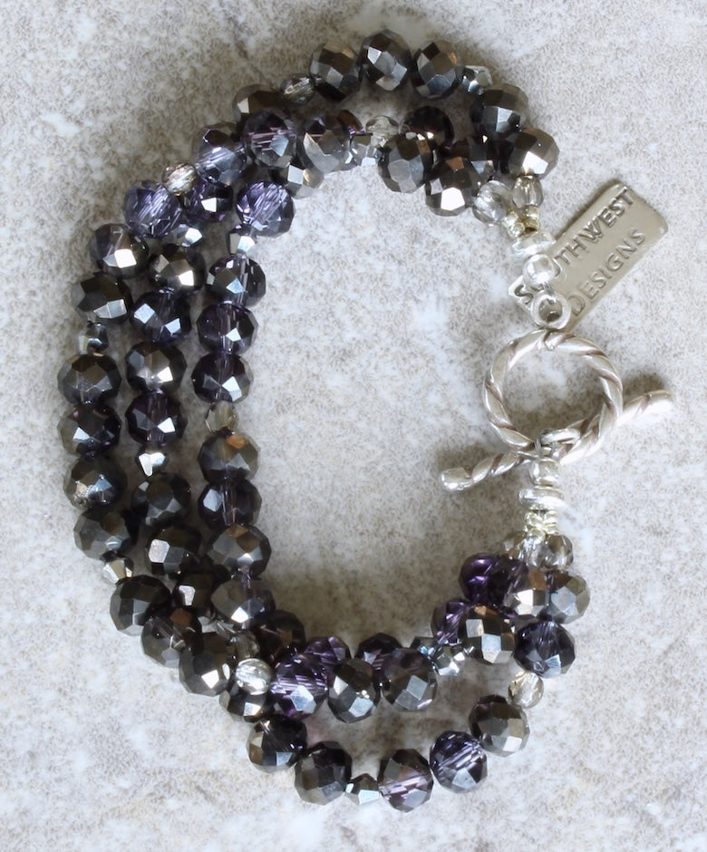 Black Faceted Glass Rondelle Bead 3-Strand Bracelet with Fire Polished Glass and a Sterling Silver Toggle Clasp