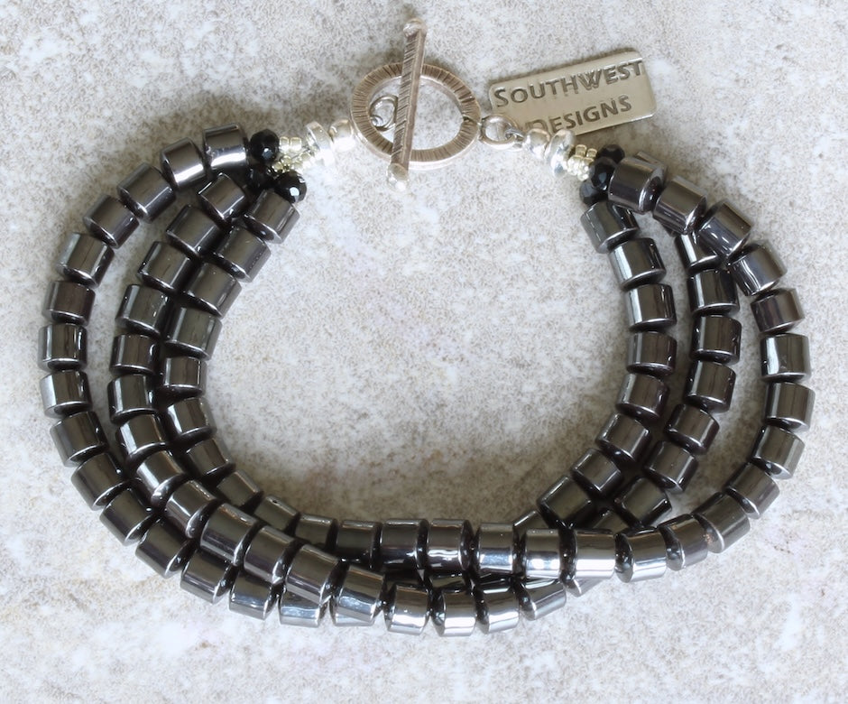 Hematite Polished Drum Bead 3-Strand Bracelet with a Sterling Silver Toggle Clasp