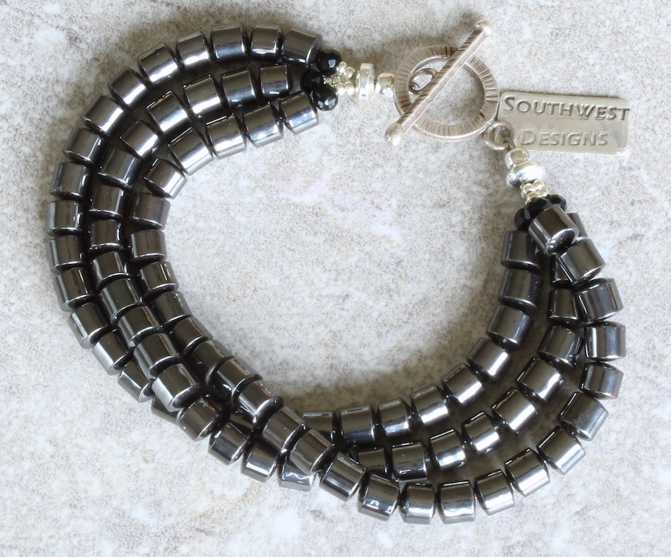 Hematite Polished Drum Bead 3-Strand Bracelet with a Sterling Silver Toggle Clasp