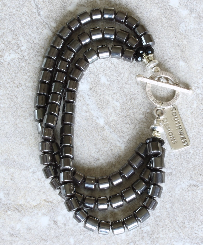 Hematite Polished Drum Bead 3-Strand Bracelet with a Sterling Silver Toggle Clasp