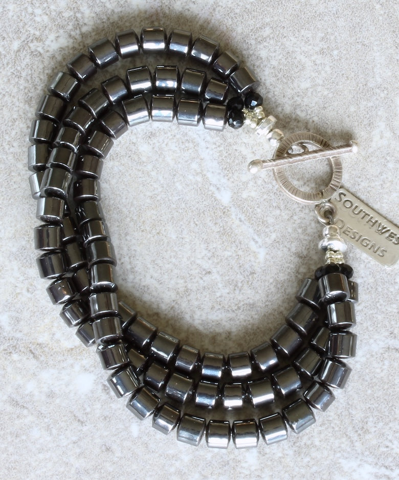 Hematite Polished Drum Bead 3-Strand Bracelet with a Sterling Silver Toggle Clasp