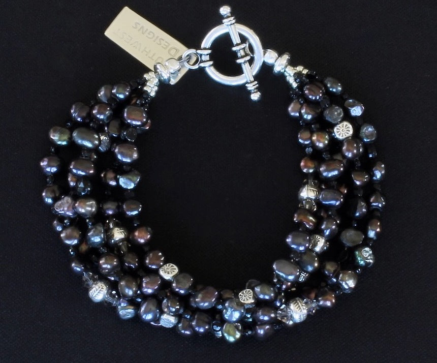Black Nugget Pearl 5-Strand Bracelet with Sterling Silver Beads and Toggle Clasp