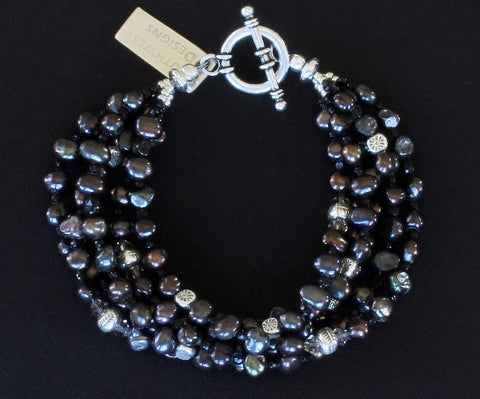 Black Nugget Pearl 5-Strand Bracelet with Sterling Silver Beads and Toggle Clasp