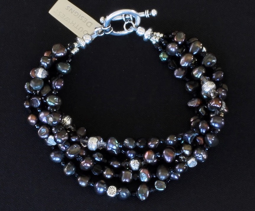 Black Nugget Pearl 5-Strand Bracelet with Sterling Silver Beads and Toggle Clasp