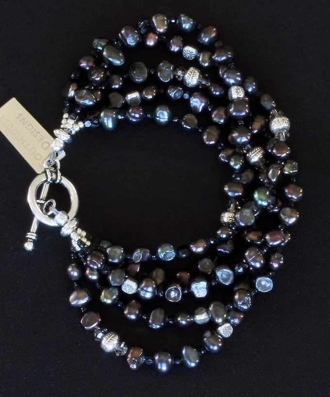 Black Nugget Pearl 5-Strand Bracelet with Sterling Silver Beads and Toggle Clasp