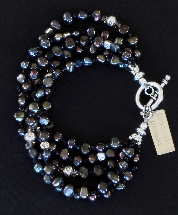 Black Nugget Pearl 5-Strand Bracelet with Sterling Silver Beads and Toggle Clasp