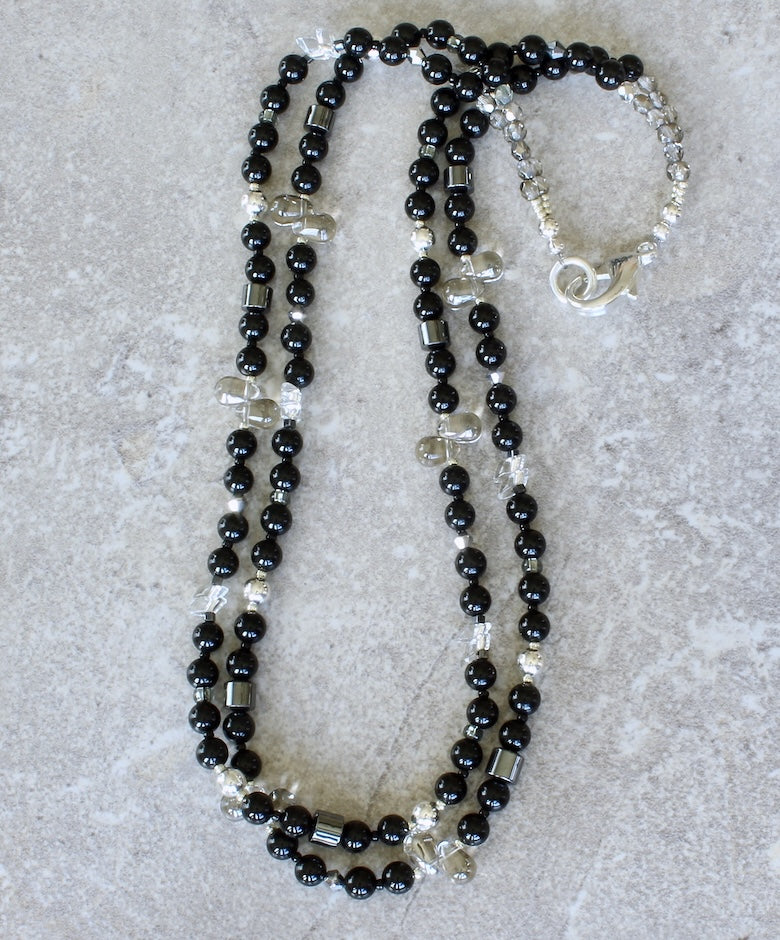 Black Onyx Rounds 2-Strand Necklace with Czech Glass and Sterling Silver