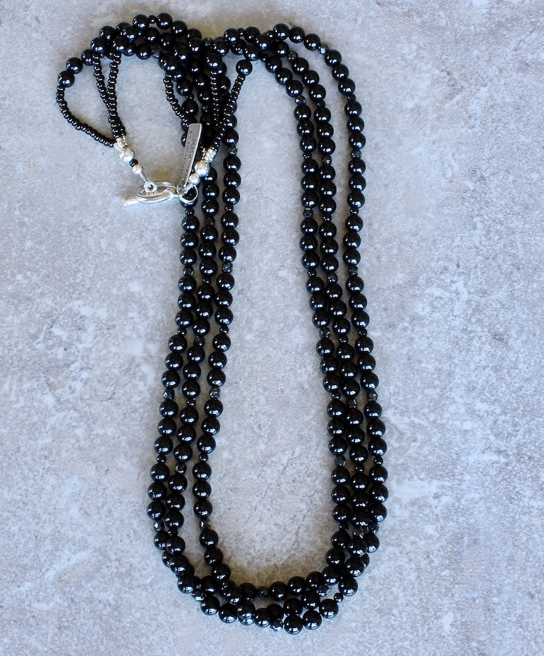 Black Onyx Rounds 3-Strand Necklace with Czech Fire Polished Glass and Sterling Silver
