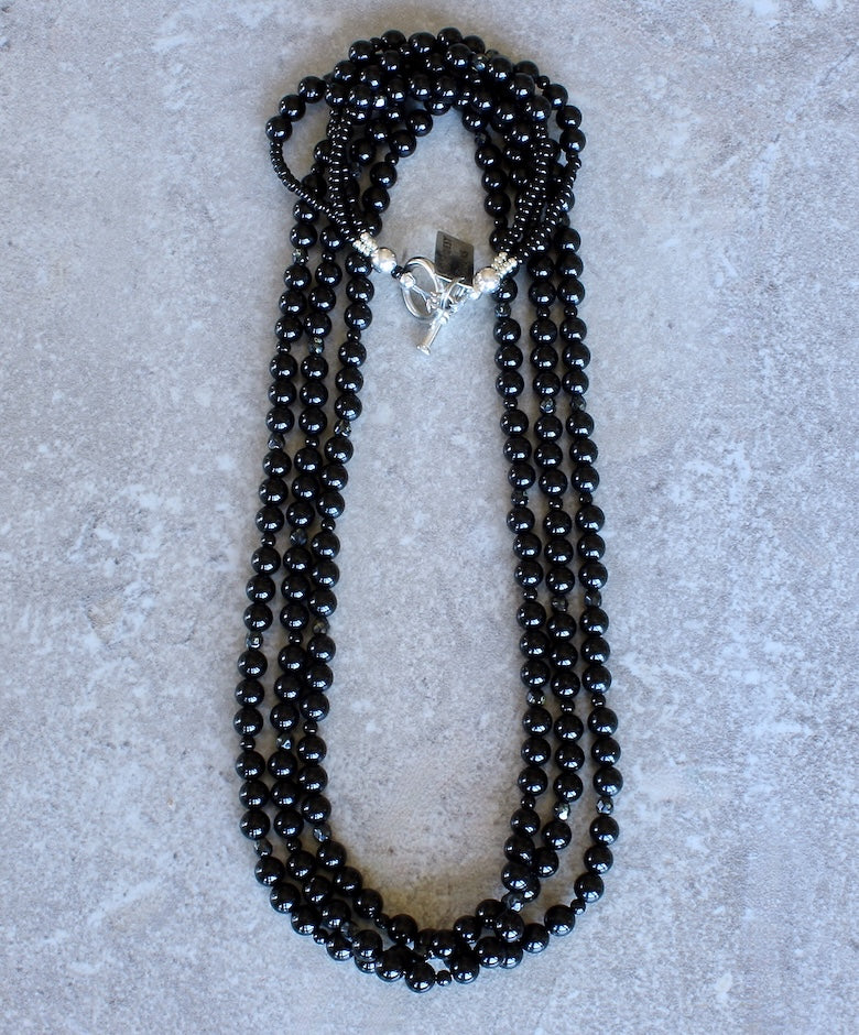 Black Onyx Rounds 3-Strand Necklace with Czech Fire Polished Glass and Sterling Silver