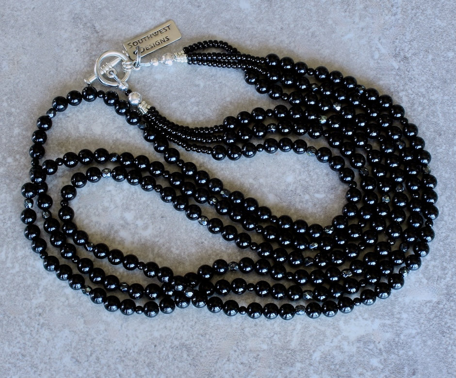 Black Onyx Rounds 3-Strand Necklace with Czech Fire Polished Glass and Sterling Silver