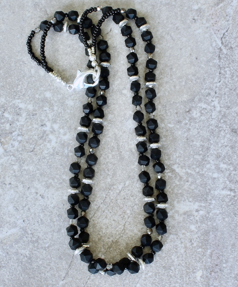 Black Onyx Star Cut Matte Rounds 2-Strand Necklace with Czech Glass and Silver Beads & Lobster Clasp