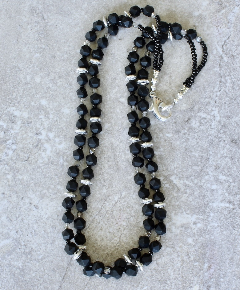 Black Onyx Star Cut Matte Rounds 2-Strand Necklace with Czech Glass and Silver Beads & Lobster Clasp