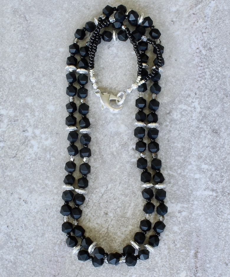 Black Onyx Star Cut Matte Rounds 2-Strand Necklace with Czech Glass and Silver Beads & Lobster Clasp