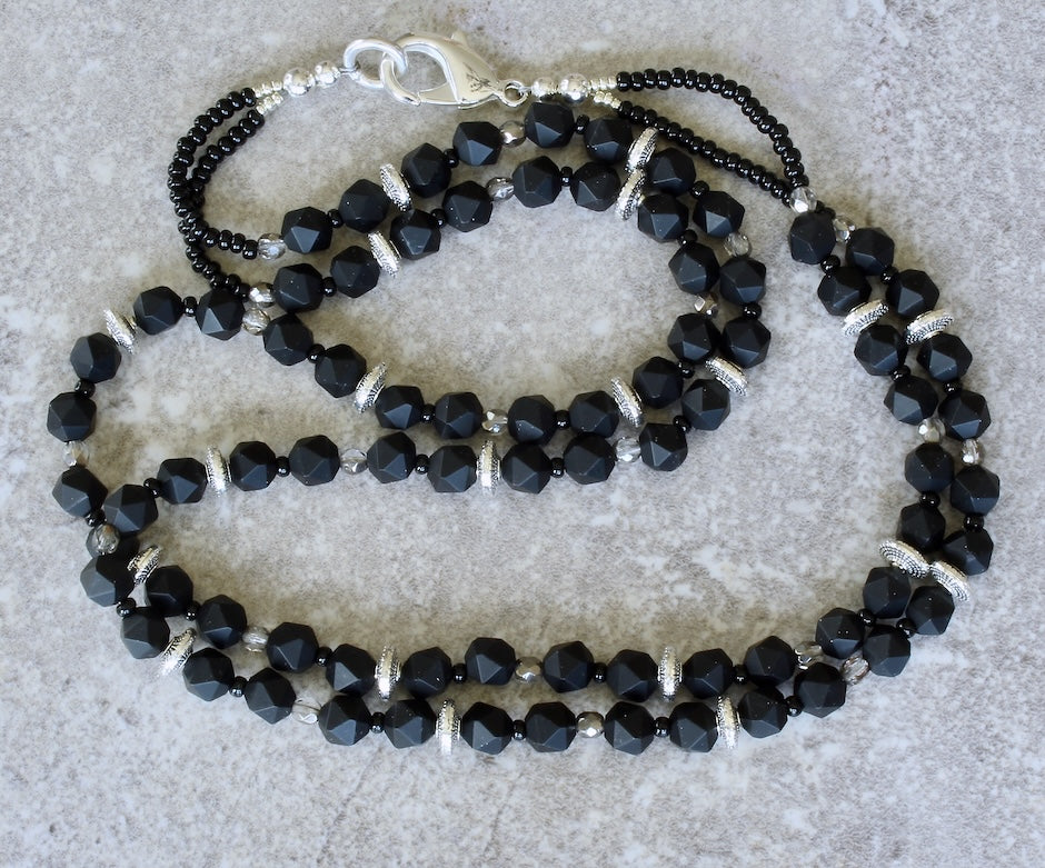 Black Onyx Star Cut Matte Rounds 2-Strand Necklace with Czech Glass and Silver Beads & Lobster Clasp