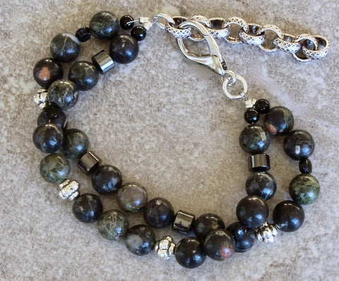 Black Plum Blossom Jasper 2-Strand Bracelet with Hematite, Czech Nailheads, Onyx, and Sterling Silver