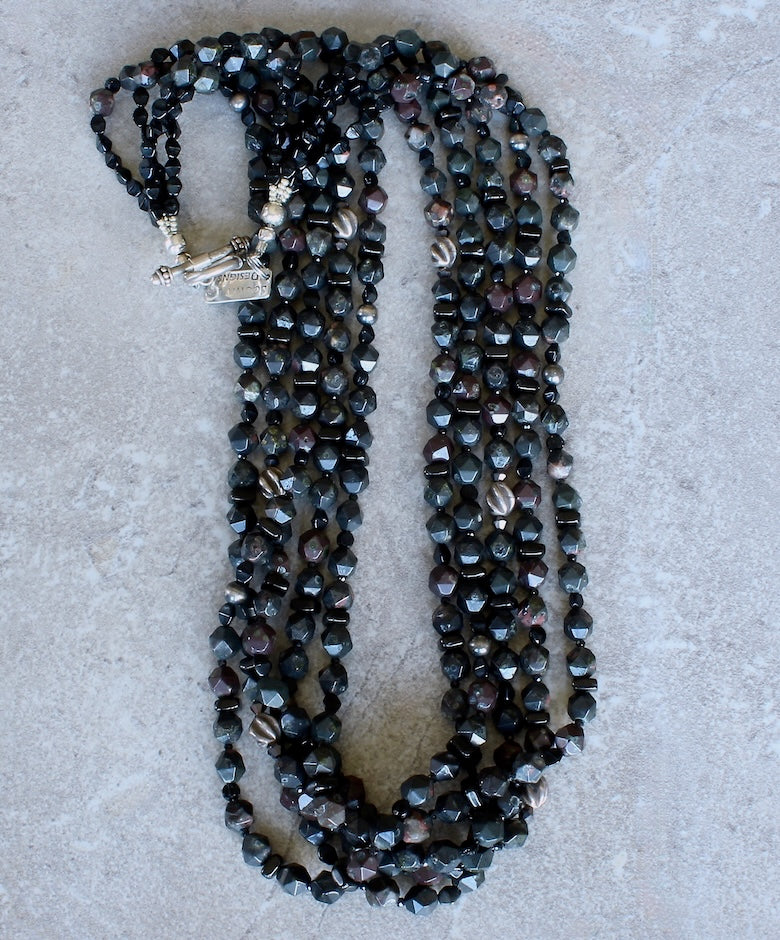 Black Plum Blossom Jasper Faceted Rounds 5-Strand Necklace with Hill Tribe Silver & Oxidized Sterling Silver Beads, Czech Nailheads, Black Jet Heishi, and a Sterling Silver Toggle Clasp