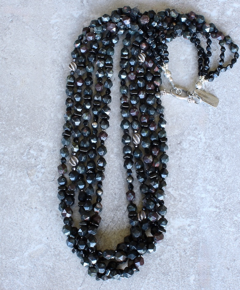 Black Plum Blossom Jasper Faceted Rounds 5-Strand Necklace with Hill Tribe Silver & Oxidized Sterling Silver Beads, Czech Nailheads, Black Jet Heishi, and a Sterling Silver Toggle Clasp
