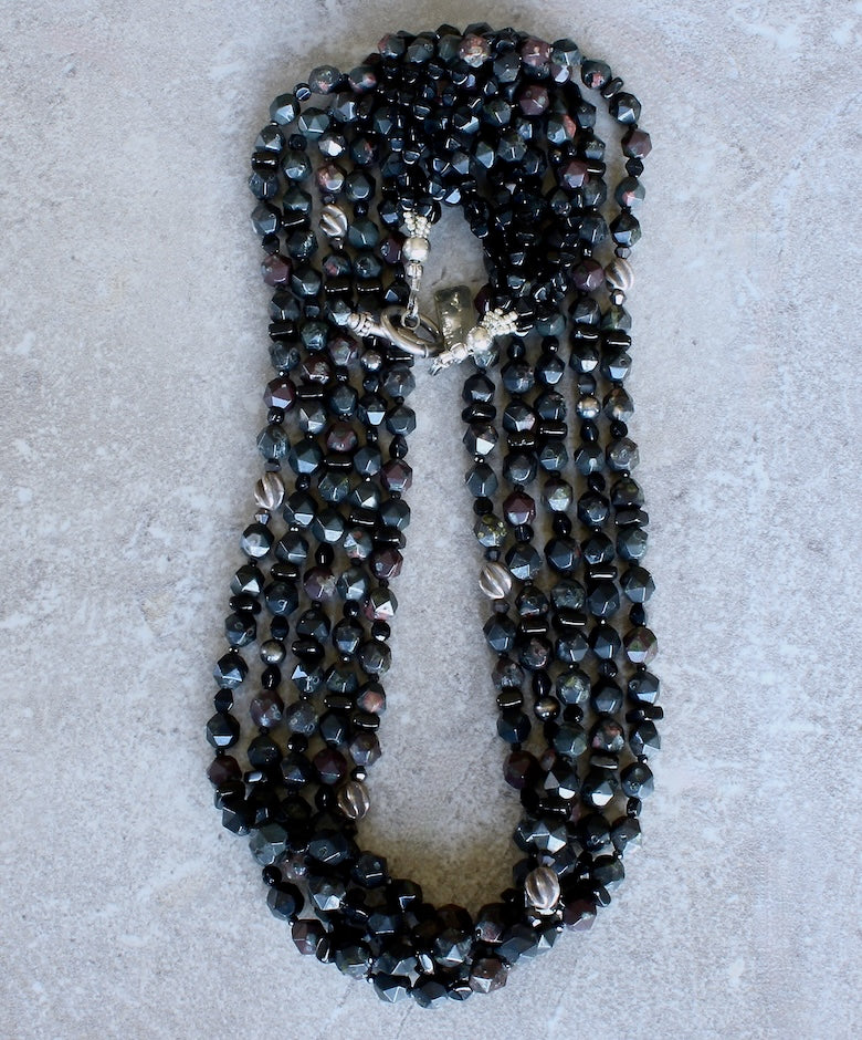 Black Plum Blossom Jasper Faceted Rounds 5-Strand Necklace with Hill Tribe Silver & Oxidized Sterling Silver Beads, Czech Nailheads, Black Jet Heishi, and a Sterling Silver Toggle Clasp