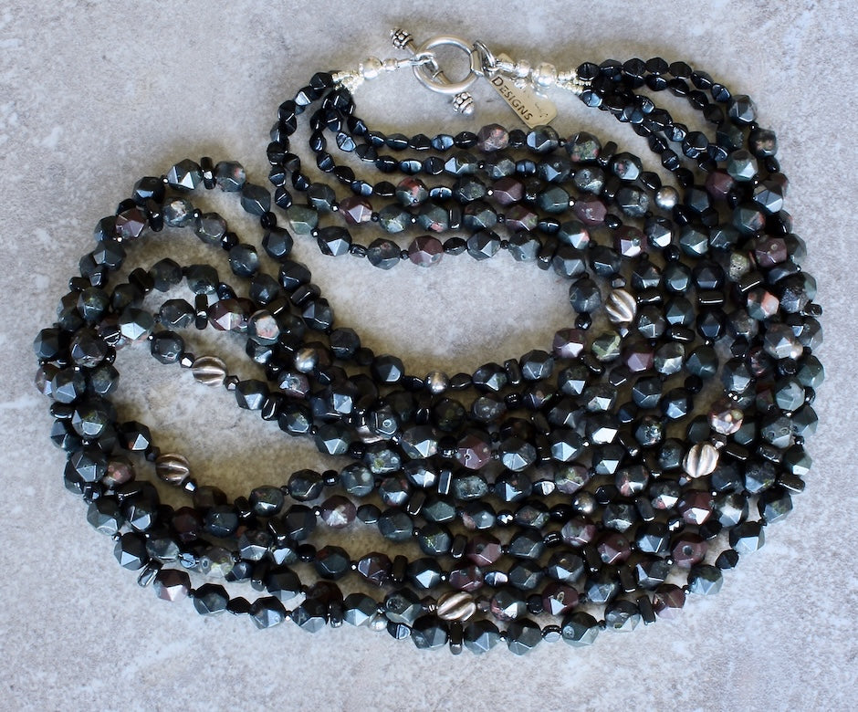 Black Plum Blossom Jasper Faceted Rounds 5-Strand Necklace with Hill Tribe Silver & Oxidized Sterling Silver Beads, Czech Nailheads, Black Jet Heishi, and a Sterling Silver Toggle Clasp