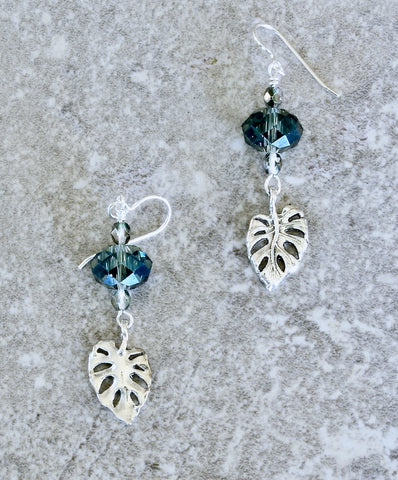 Blue-Gray Multifaceted Glass Rondelle Bead Earrings with Fire Polished Glass, Monstera Leaf Charms and Sterling Earring Wires