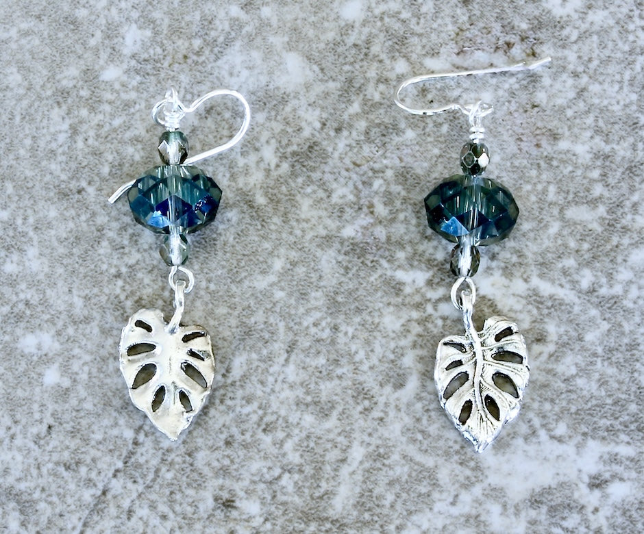 Blue-Gray Multifaceted Glass Rondelle Bead Earrings with Fire Polished Glass, Monstera Leaf Charms and Sterling Earring Wires