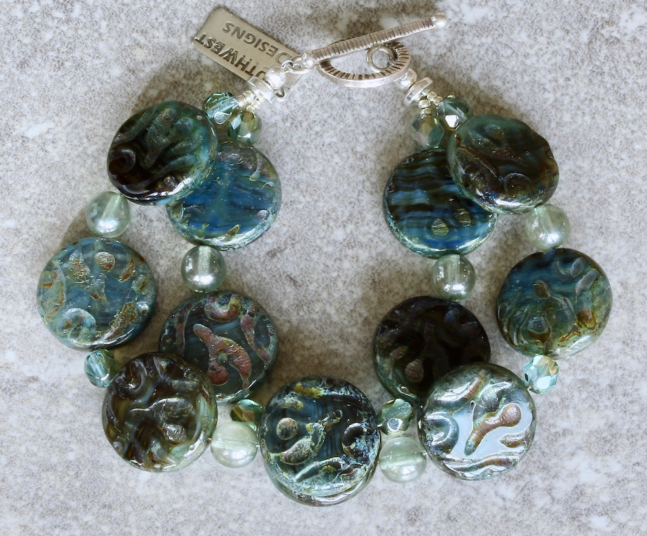 Picasso Blue-Green Czech Glass Coin Bead 2-Strand Bracelet with Fire Polished Glass and a Sterling Silver Toggle Clasp