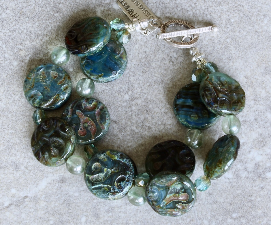 Picasso Blue-Green Czech Glass Coin Bead 2-Strand Bracelet with Fire Polished Glass and a Sterling Silver Toggle Clasp