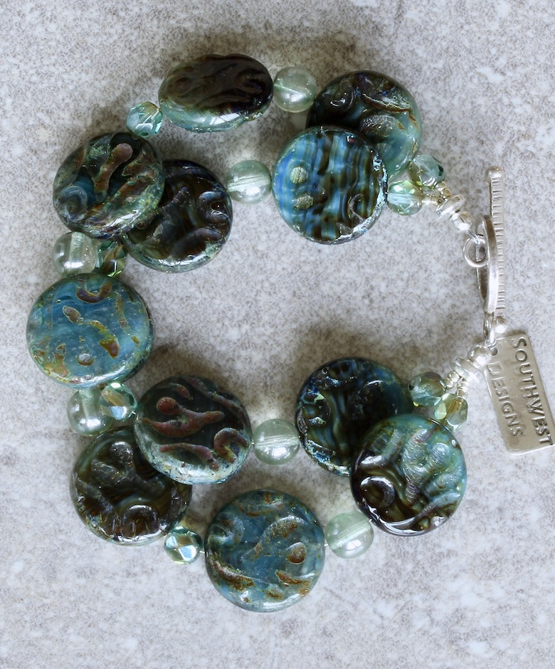 Picasso Blue-Green Czech Glass Coin Bead 2-Strand Bracelet with Fire Polished Glass and a Sterling Silver Toggle Clasp