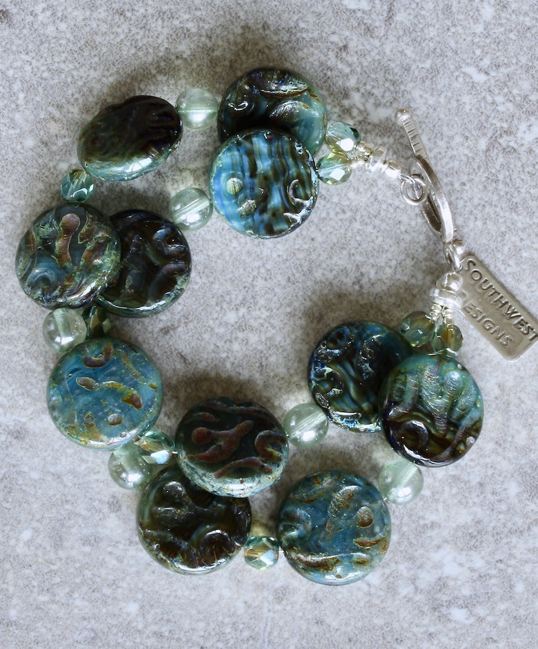 Picasso Blue-Green Czech Glass Coin Bead 2-Strand Bracelet with Fire Polished Glass and a Sterling Silver Toggle Clasp