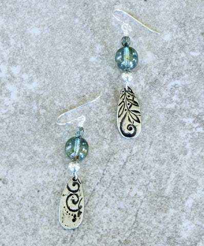 Blue-Green Metallic Czech Druk Glass Rounds with TierraCast Floral Teardrop and Sterling Silver Earring Wires