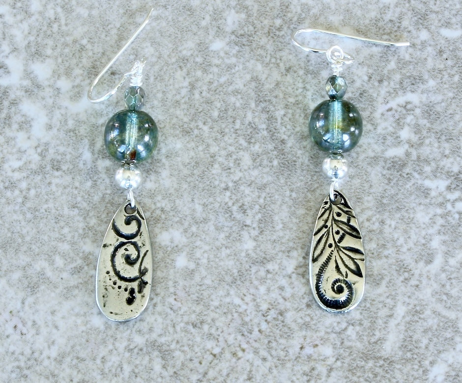 Blue-Green Metallic Czech Druk Glass Rounds with TierraCast Floral Teardrop and Sterling Silver Earring Wires