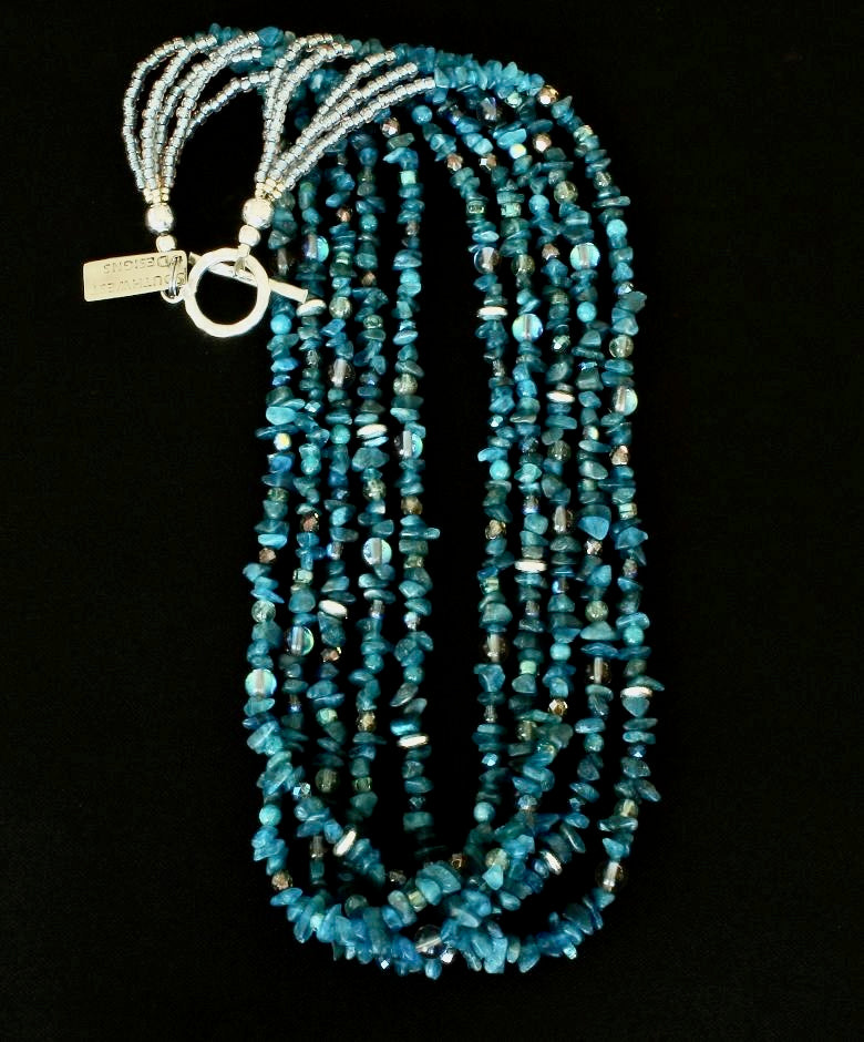 Blue Apatite Chip 5-Strand Necklace with Czech Glass and Sterling Silver