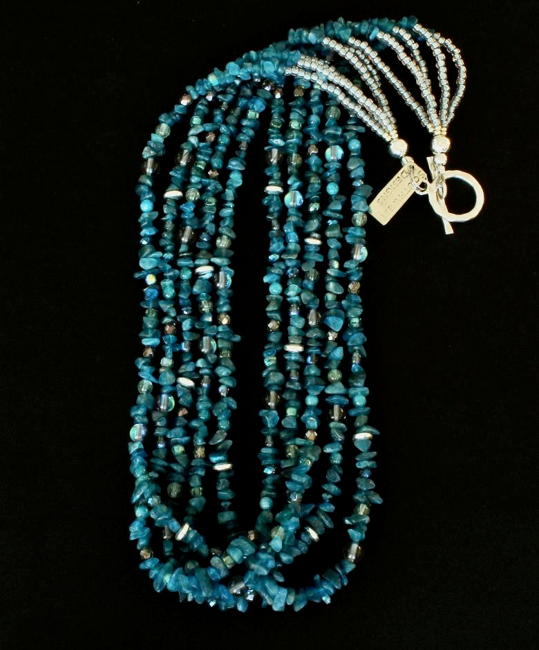 Blue Apatite Chip 5-Strand Necklace with Czech Glass and Sterling Silver