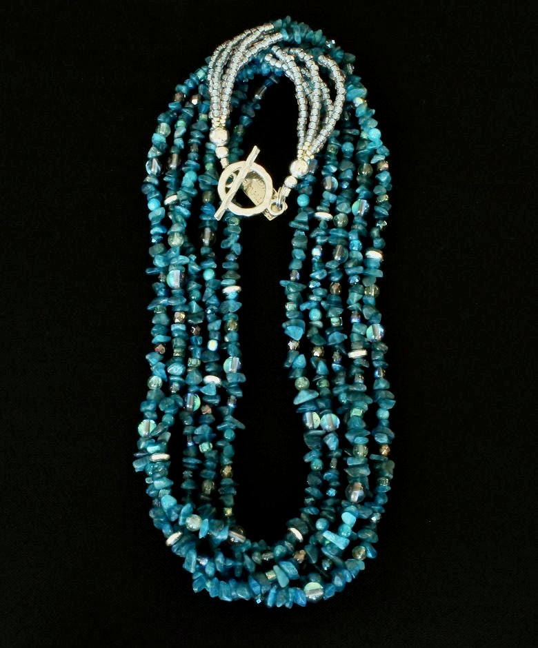 Blue Apatite Chip 5-Strand Necklace with Czech Glass and Sterling Silver