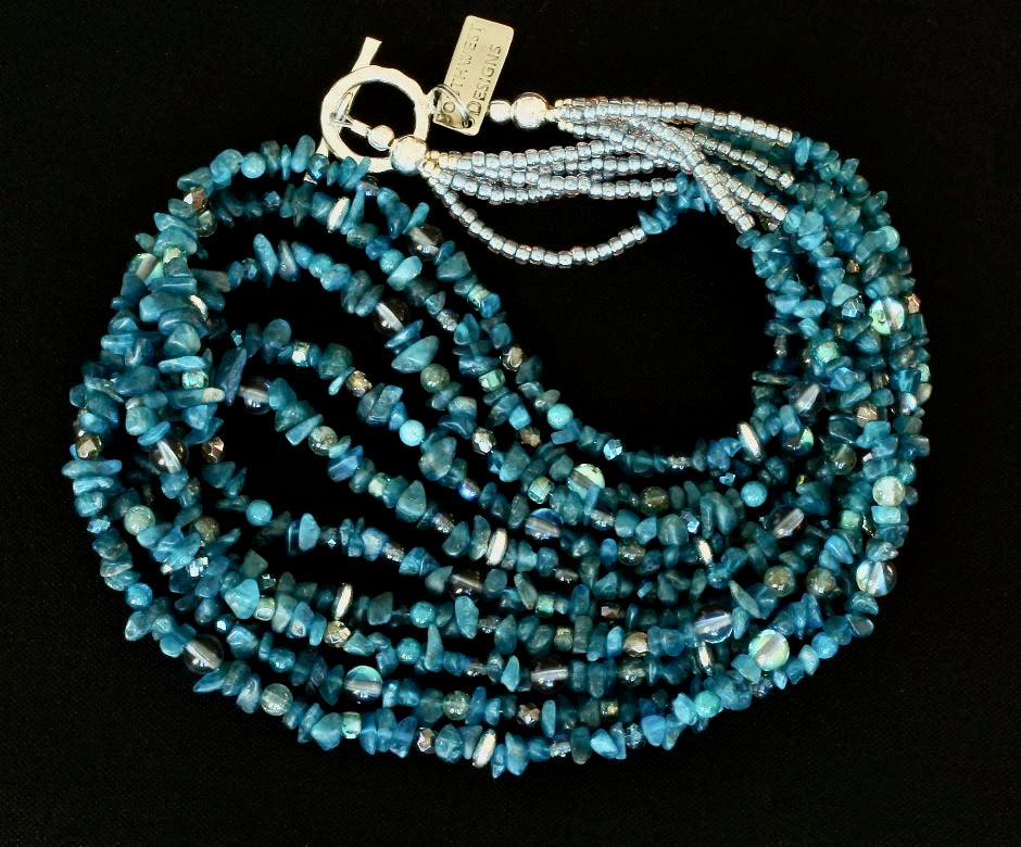 Blue Apatite Chip 5-Strand Necklace with Czech Glass and Sterling Silver