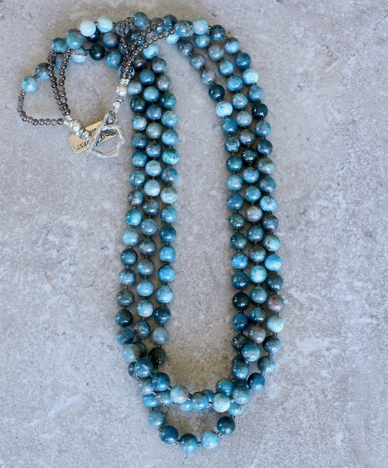 Blue Apatite Rounds 3-Strand Necklace with Smoky Quartz and a Silver Toggle Clasp