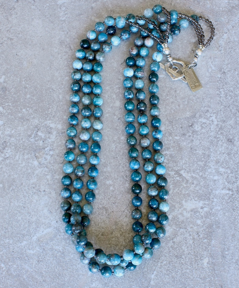 Blue Apatite Rounds 3-Strand Necklace with Smoky Quartz and a Silver Toggle Clasp