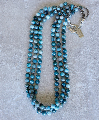 Blue Apatite Rounds 3-Strand Necklace with Smoky Quartz and a Silver Toggle Clasp