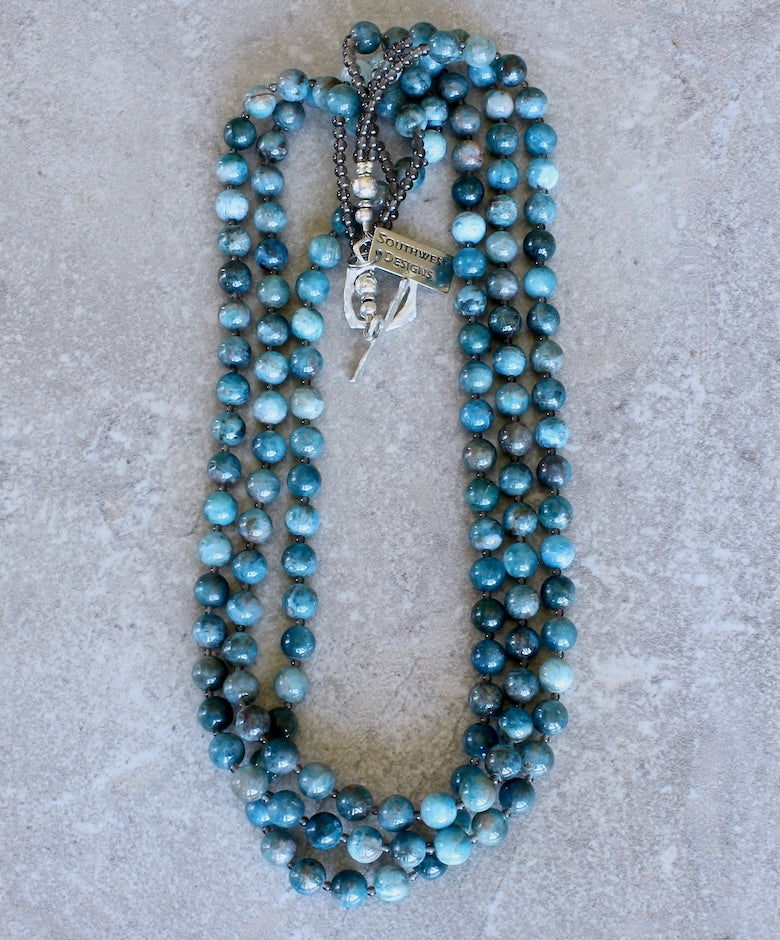 Blue Apatite Rounds 3-Strand Necklace with Smoky Quartz and a Silver Toggle Clasp