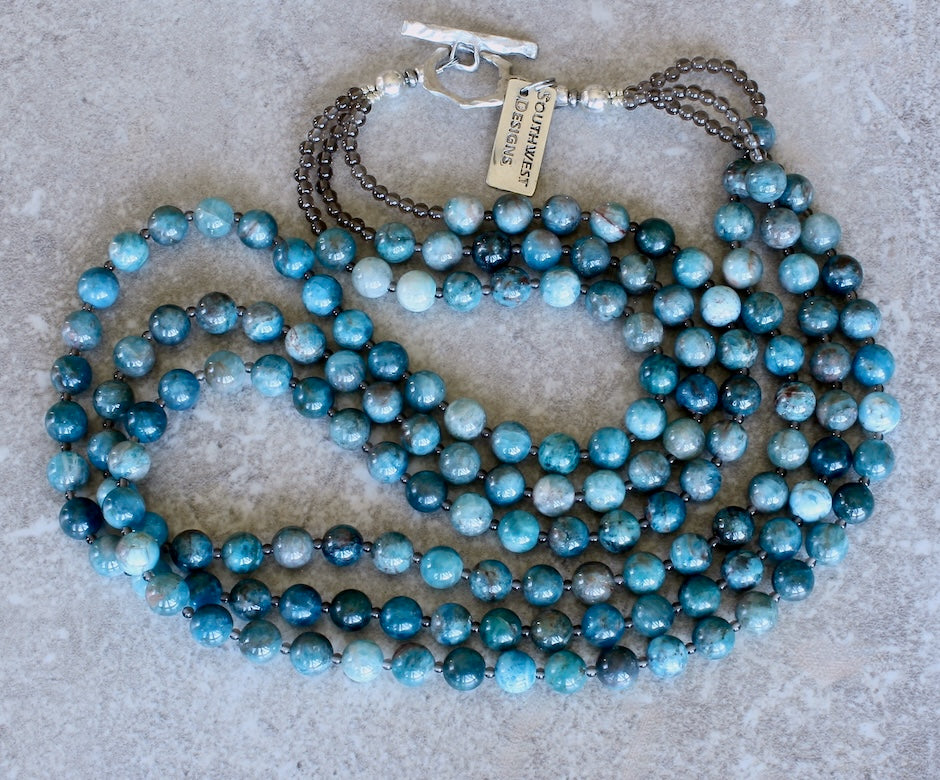 Blue Apatite Rounds 3-Strand Necklace with Smoky Quartz and a Silver Toggle Clasp