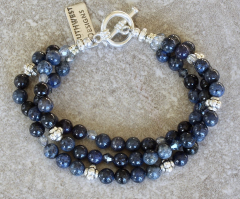 Blue Dumortierite Rounds 3-Strand Bracelet with Czech Glass and Sterling Silver