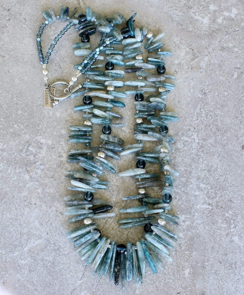 Blue Kyanite Stick 2-Strand Necklace with Czech Glass and Sterling Silver