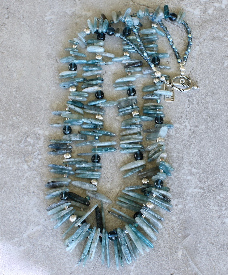 Blue Kyanite Stick 2-Strand Necklace with Czech Glass and Sterling Silver