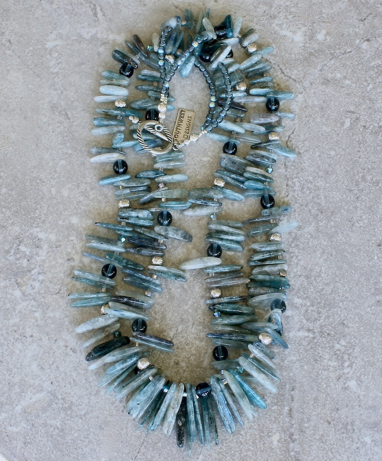 Blue Kyanite Stick 2-Strand Necklace with Czech Glass and Sterling Silver