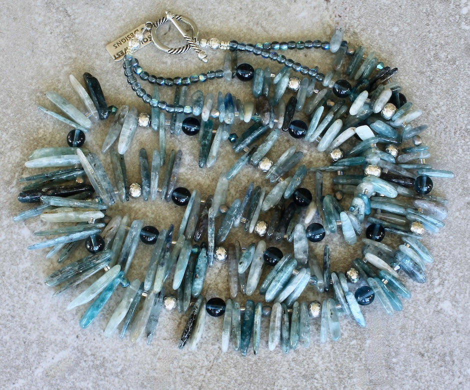Blue Kyanite Stick 2-Strand Necklace with Czech Glass and Sterling Silver