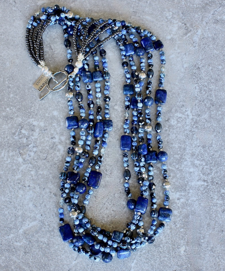 Blue Tiger Eye & Lapis 5-Strand Necklace with Czech Glass, Crystal and Sterling Silver